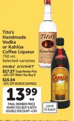 Vons Tito's Handmade Vodka or Kahlùa Coffee Liqueur offer