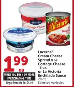 Vons Lucerne Cream Cheese Spread 8 oz. Cottage Cheese 16 oz. or La Victoria Enchilada Sauce 28 oz offer