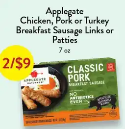 Fresh Thyme Applegate Chicken, Pork or Turkey Breakfast Sausage Links or Patties offer