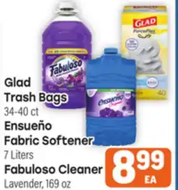 Tony’s Fresh Market Glad Trash Bags 34-40ct Ensueño Fabric Softener 7 Liters Fabuloso Cleaner Lavender, 169oz offer