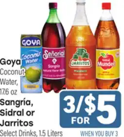 Tony’s Fresh Market Goya Coconut Water, 17.6oz Sangría, Sidral or Jarritos Select Drinks, 1.5 Liters offer