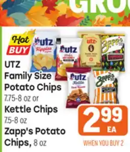 Tony’s Fresh Market UTZ Family Size Potato Chips 7.75-8oz or Kettle Chips 7.5-8oz Zapp's Potato Chips, 8oz8oz offer