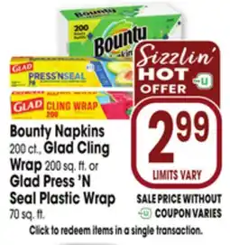 Jewel-Osco Bounty Napkins 200 ct., Glad Cling Wrap 200 sq. ft. or Glad Press 'N Seal Plastic Wrap 70 sq. ft offer