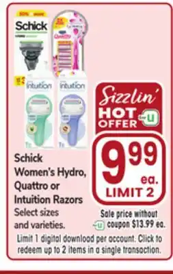 Jewel-Osco Schick Women's Hydro, Quattro or Intuition Razors offer