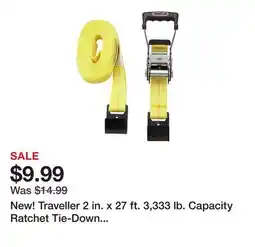 Tractor Supply Company New! Traveller 2 in. x 27 ft. 3,333 lb. Capacity Ratchet Tie-Down Strap with Flat Hook, Yellow offer