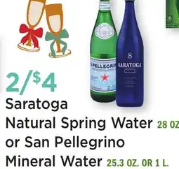 Heinen's Saratoga Natural Spring Water 28 OZ. or San Pellegrino Mineral Water 25.3 OZ. OR 1 L offer