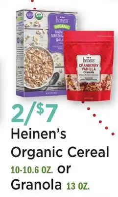 Heinen's Heinen's Organic Cereal 10-10.6 OZ. or Granola 13 OZ offer