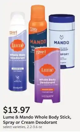 Fareway Lume & Mando Whole Body Stick, Spray or Cream Deodorant offer