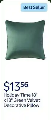 Walmart Holiday Time 18 x 18 Green Velvet Decorative Pillow offer