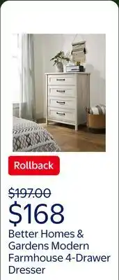 Walmart Better Homes & Gardens Modern Farmhouse 4-Drawer Dresser, Rustic White Finish offer