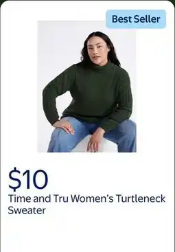 Walmart Time and Tru Women's and Women's Plus Turtleneck Sweater with Cable Sleeves, Midweight offer