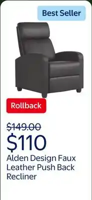 Walmart Alden Design Faux Leather Push Back Theater Recliner Chair with Footrest for Livingroom, Black offer