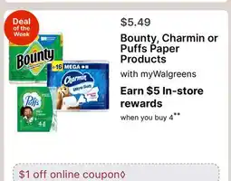 Walgreens Bounty, Charmin or Puffs Paper Products offer
