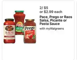 Walgreens Pace, Prego or Raos Salsa, Picante or Pasta Sauce offer