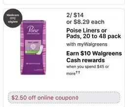 Walgreens Poise Liners or Pads, 20 to 48 pack offer