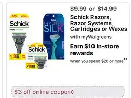 Walgreens Schick Razors, Razor Systems, Cartridges or Waxes offer
