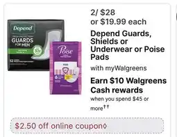 Walgreens Depend Guards, Shields or Underwear or Poise Pads offer