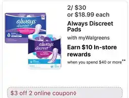 Walgreens Always Discreet Pads offer