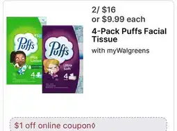 Walgreens 4-Pack Puffs Facial Tissue offer
