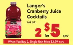 Vallarta Supermarkets Langer's Cranberry Juice Cocktails offer
