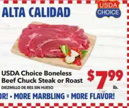 Vallarta Supermarkets USDA Choice Boneless Beef Chuck Steak or Roast / DIEZMILLO DE RES SIN HUESO offer