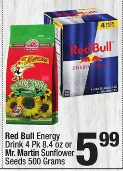 Super King Markets Red Bull Energy Drink 4 Pk 8.4 oz or Mr. Martin Sunflower Seeds 500 Grams offer
