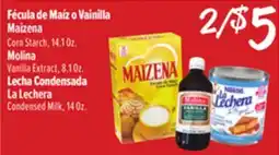 El Super Maizena Corn Starch, 14.1 Oz., Molina Vanilla Extract, 8.1 Oz., La Lechera Condensed Milk, 14 Oz offer