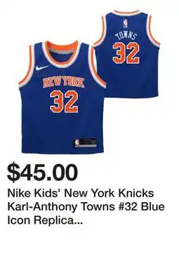 Dick's Sporting Goods Nike Kids' New York Knicks Karl-Anthony Towns #32 Blue Icon Replica Jersey offer