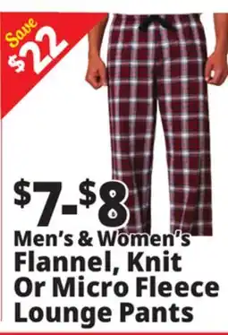 Ocean State Job Lot Men's & Women's Flannel, Knit Or Micro Fleece Lounge Pants offer
