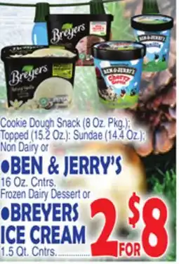 Bravo Supermarkets BEN & JERRY'S ICE CREAM 16 Oz, Cntrs, Frozen Dairy Dessert or BREYERS ICE CREAM 1.5 Qt., Cntrs offer