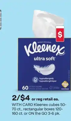 CVS Kleenex cubes 50-70 ct., rectangular boxes 120-160 ct. or ON the GO 3-6 pk offer
