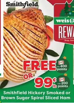 Weis Markets Smithfield Hickory Smoked or Brown Sugar Spiral Sliced Ham offer