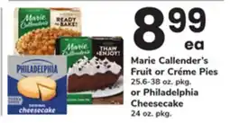 ACME Marie Callender's Fruit or Créme Pies 25.6-38 oz. pkg. or Philadelphia Cheesecake 24 oz. pkg offer