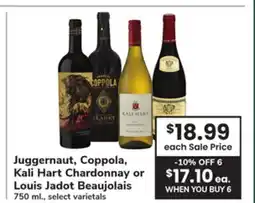 ACME Juggernaut, Coppola, Kali Hart Chardonnay or Louis Jadot Beaujolais offer