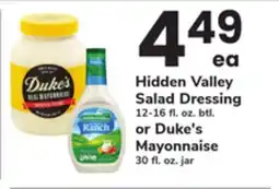 ACME Hidden Valley Salad Dressing 12-16 fl. oz. btl. or Duke's Mayonnaise 30 fl. oz. jar offer
