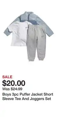 TJ Maxx Boys 3pc Puffer Jacket Short Sleeve Tee And Joggers Set offer