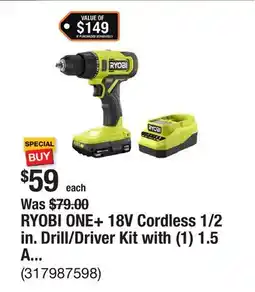 The Home Depot RYOBI ONE+ 18V Cordless 1/2 in. Drill/Driver Kit with (1) 1.5 Ah Battery and Charger offer