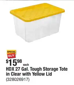 The Home Depot HDX 27 Gal. Tough Storage Tote in Clear with Yellow Lid offer