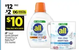 Dollar General all Liquid Laundry Detergent or Mighty Pacs offer