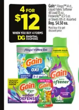Dollar General Gain Flings 14 ct., Liquid Fabric Softener 48 Load/35 oz., Fireworks 4.3-5 oz. or Sheets 105 ct offer