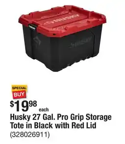 The Home Depot Husky 27 Gal. Pro Grip Storage Tote in Black with Red Lid offer