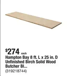 The Home Depot Hampton Bay 8 ft. L x 25 in. D Unfinished Birch Solid Wood Butcher Block Countertop with Square Edge offer