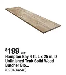 The Home Depot Hampton Bay 4 ft. L x 25 in. D Unfinished Teak Solid Wood Butcher Block Countertop with Square Edge offer