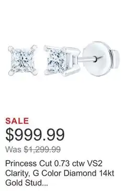 Costco Princess Cut 0.73 ctw VS2 Clarity, G Color Diamond 14kt Gold Stud Earrings offer