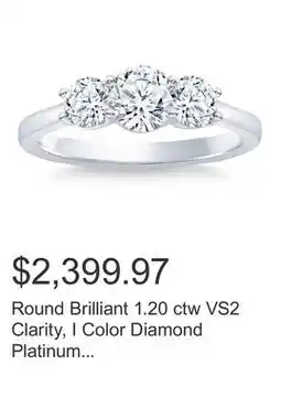 Costco Round Brilliant 1.20 ctw VS2 Clarity, I Color Diamond Platinum Three Stone Ring offer