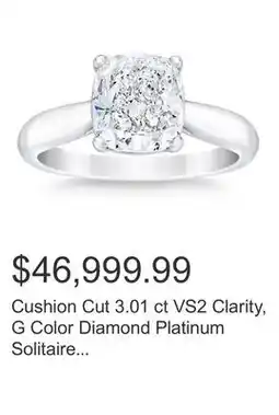 Costco Cushion Cut 3.01 ct VS2 Clarity, G Color Diamond Platinum Solitaire Ring offer