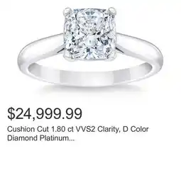 Costco Cushion Cut 1.80 ct VVS2 Clarity, D Color Diamond Platinum Solitaire Ring offer