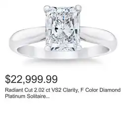 Costco Radiant Cut 2.02 ct VS2 Clarity, F Color Diamond Platinum Solitaire Ring offer