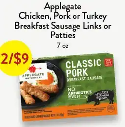 Fresh Thyme Applegate Chicken, Pork or Turkey Breakfast Sausage Links or Patties offer