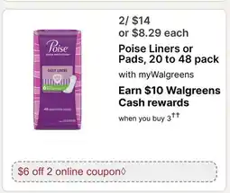 Walgreens Poise Liners or Pads, 20 to 48 pack offer